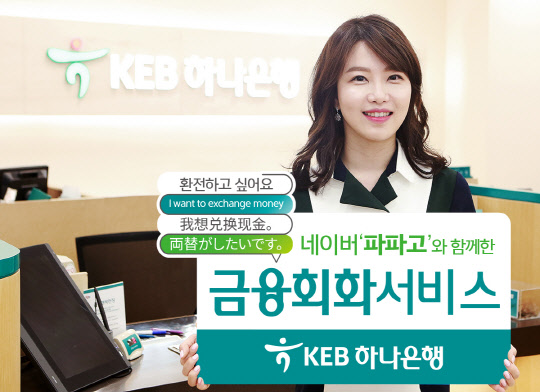 KEB하나은행 모델이 네이버 '파파고'와 함께 하는 금융회화 서비스 실시를 알리고 있다.  KEB하나은행 제공